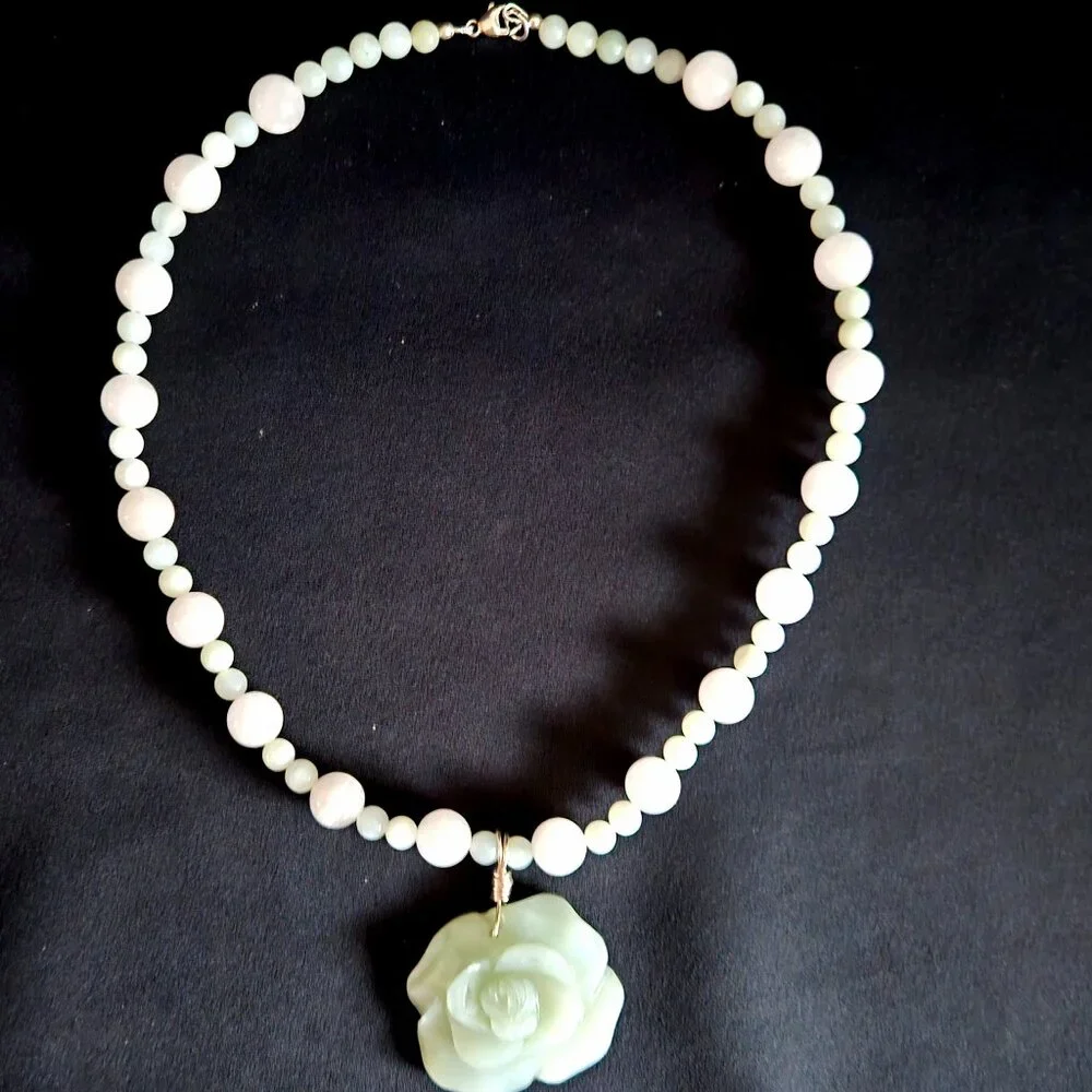 Handcrafted Artisan Rose Quartz Jade with Carved Jade Pendant Necklace - Picture 3 of 6